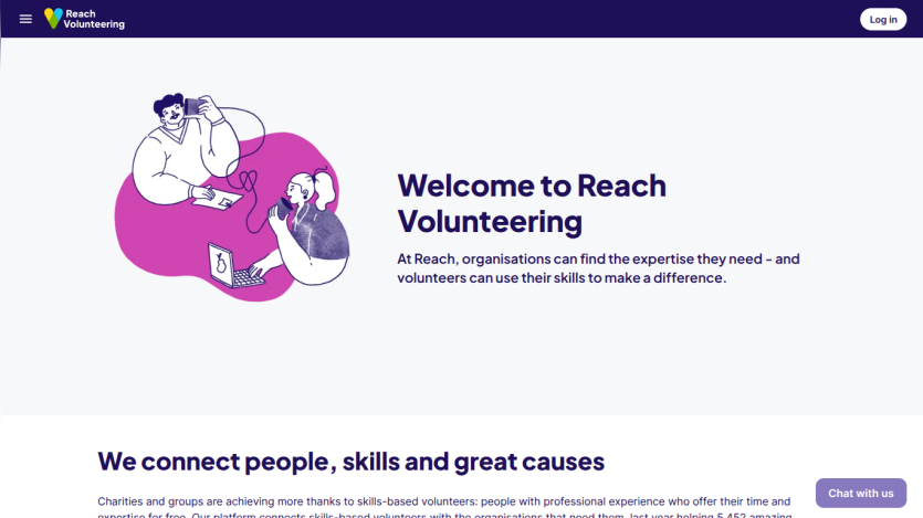 Welcome to Reach Volunteering with text about connecting organisations and volunteers using skills to make a difference.