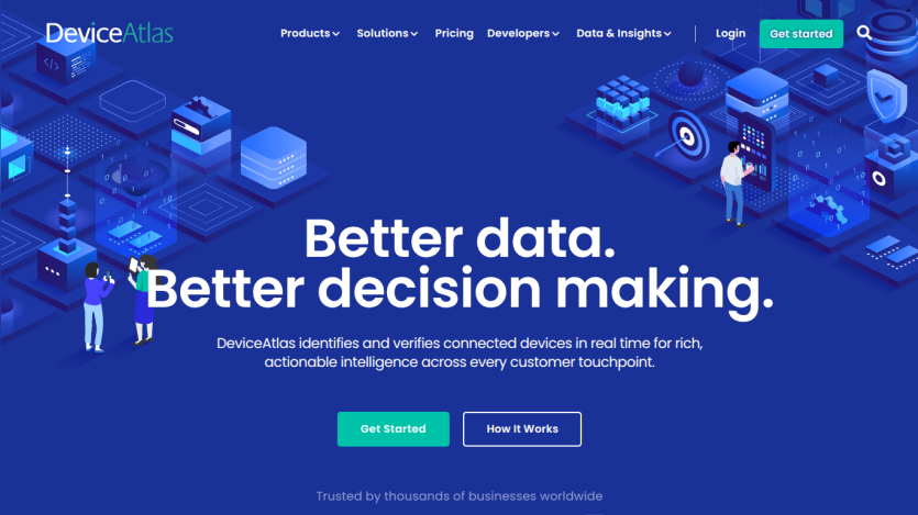 DeviceAtlas homepage with headline 'Better data. Better decision making.' and call-to-action buttons Get Started and How It Works.