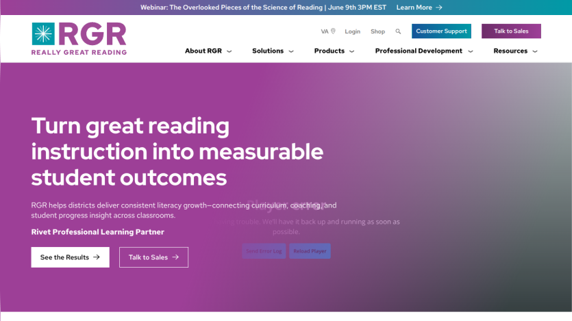 Homepage promoting reading instruction solutions with a call to action button.
