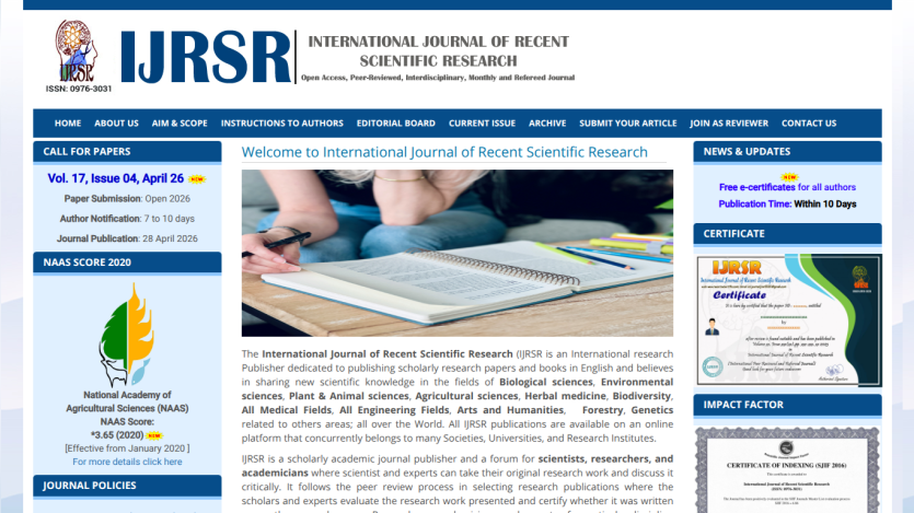 Homepage of the International Journal of Recent Scientific Research with articles and navigation links.
