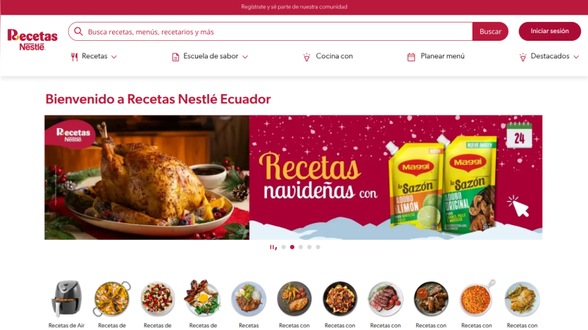 Recetas Nestlé Ecuador homepage with search bar, navigation menu, and featured Christmas recipes including roasted chicken and Maggi seasoning