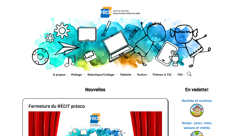 Homepage featuring colorful illustrations and news section about RÉCIT closure.