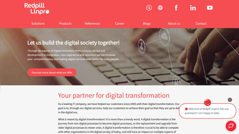 Redpill Linpro website with navigation, headline about building digital society, and a call to action button