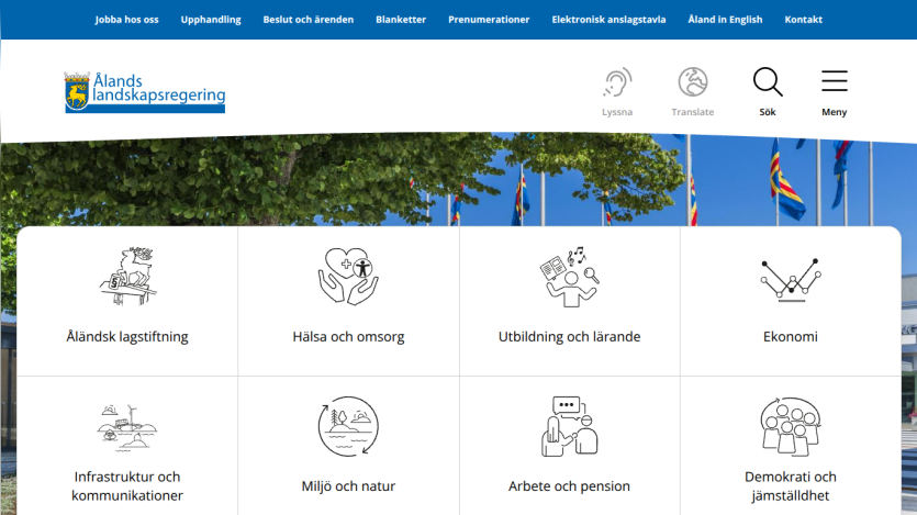 Government website with navigation links and icons for legislation, health, education, economy, infrastructure, environment, work, and democracy