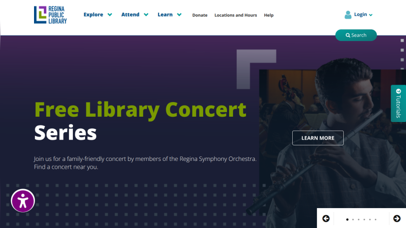 Regina Public Library homepage promoting free family-friendly library concert series by Regina Symphony Orchestra with learn more button