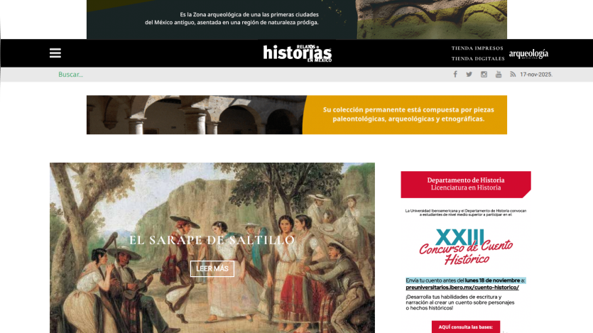 Website about Mexican history featuring an article on El Sarape de Saltillo and a historical story contest announcement