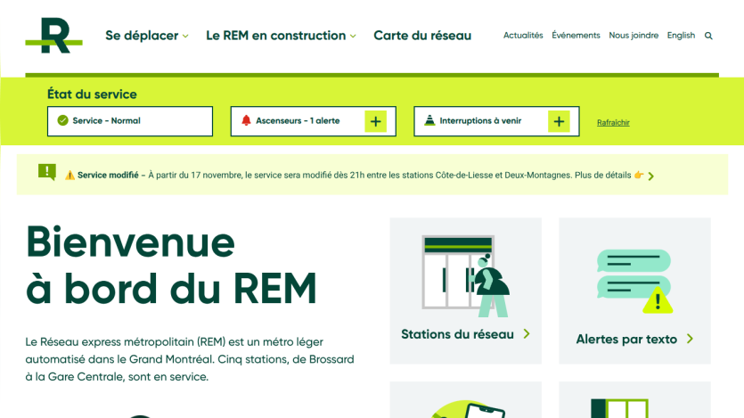 Welcome message for REM automated metro in Greater Montreal with service status and navigation to stations and alerts