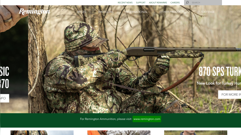 Remington homepage with navigation menu and hero image of a camouflaged hunter aiming a shotgun, promoting 870 SPS Turkey hunting shotgun