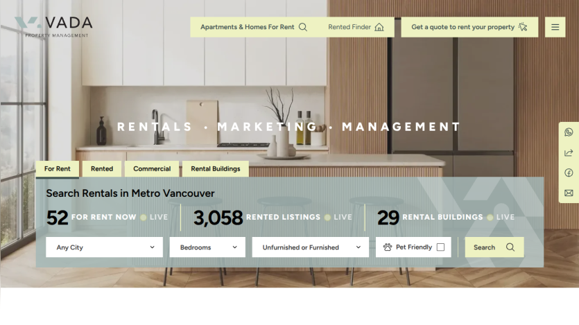 Real estate website displaying rental listings and search options for Metro Vancouver.