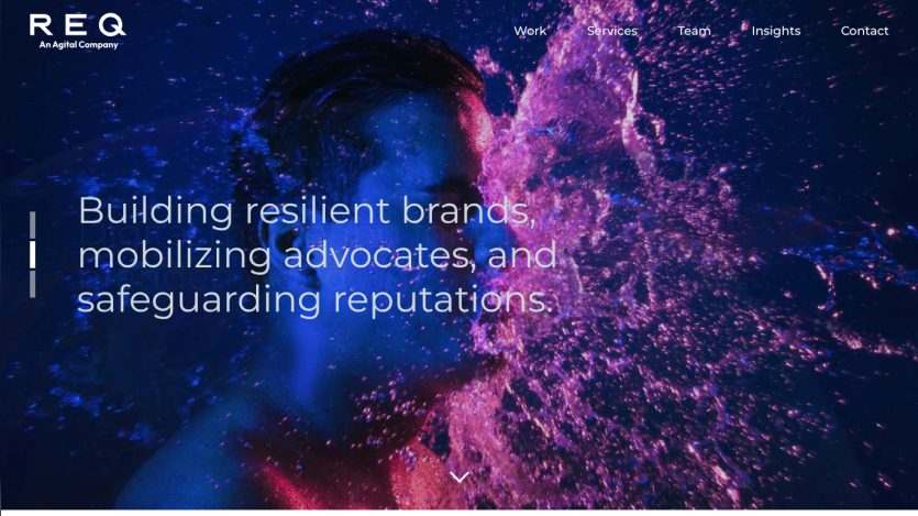 REQ company website with navigation links and headline about building resilient brands and safeguarding reputations