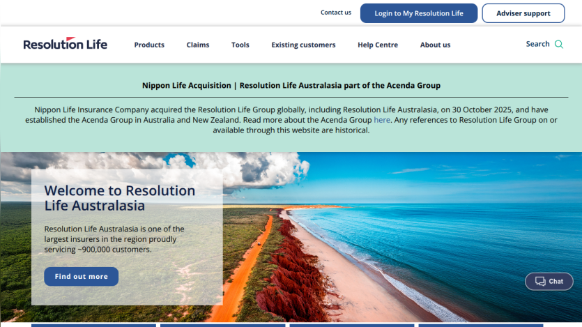 Resolution Life Australasia homepage with welcome message, customer info, and scenic coastal background