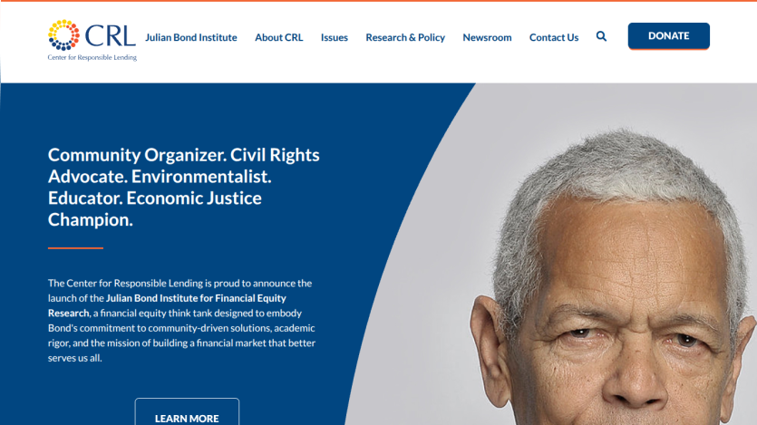 Center for Responsible Lending homepage highlighting the launch of the Julian Bond Institute for Financial Equity Research with a call to learn more