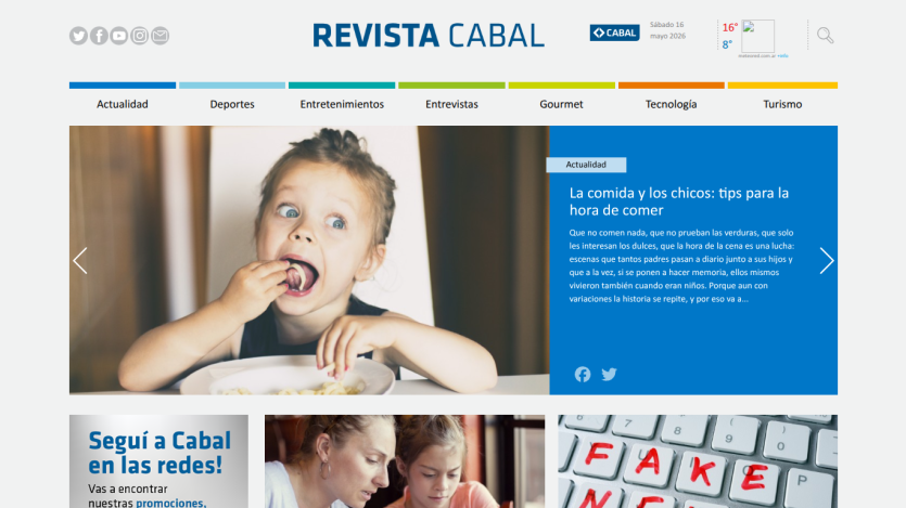 Homepage of Revista Cabal featuring a child eating and sections for news and topics.