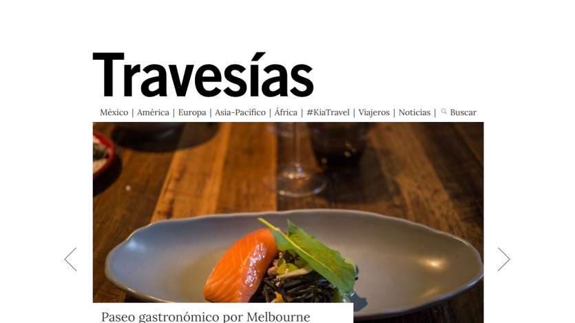 Homepage of Travesías featuring a dish and navigation options.