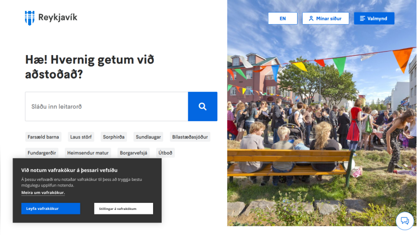 City website homepage featuring a search bar and a vibrant outdoor event scene.