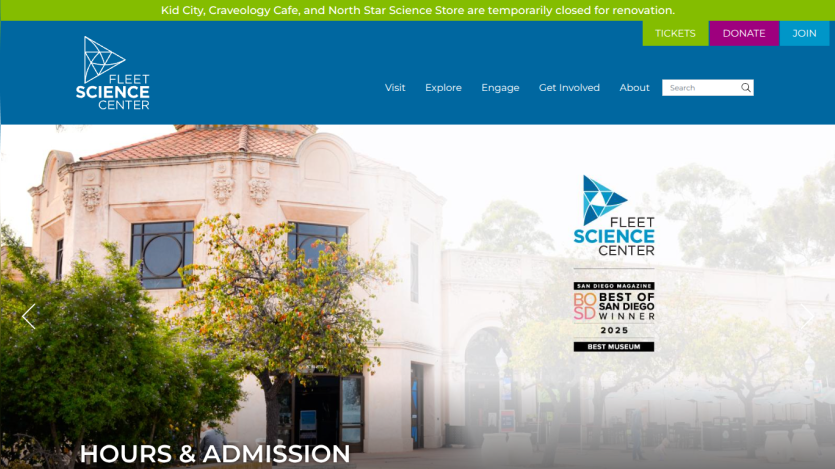 Fleet Science Center homepage featuring hours and admission information.