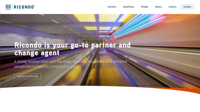 Ricondo aviation team homepage with tagline about partnership and expertise, navigation menu, and call to action button