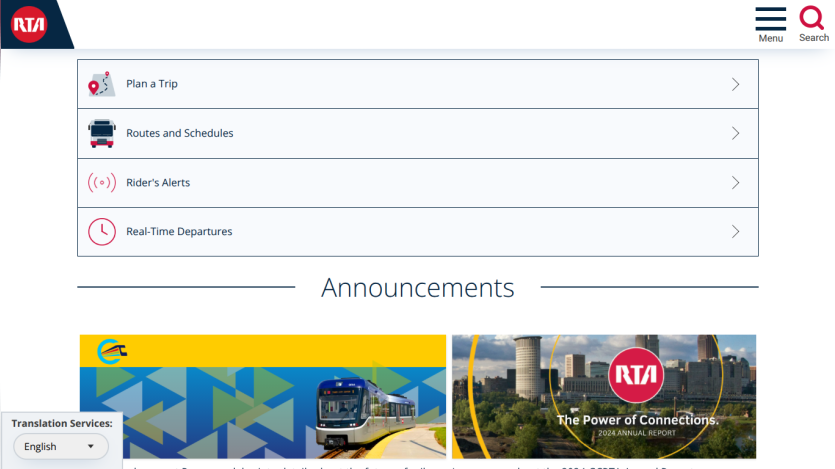 RTA transit site with navigation options and announcements including 2024 annual report