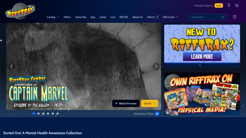Homepage of RiffTrax featuring Captain Marvel and promotional content.