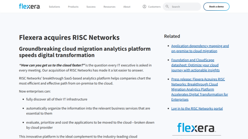 Flexera announces acquisition of RISC Networks to enhance cloud migration analytics and digital transformation