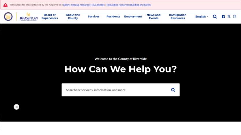 County of Riverside website homepage with navigation menu and search bar under 'How Can We Help You?' heading