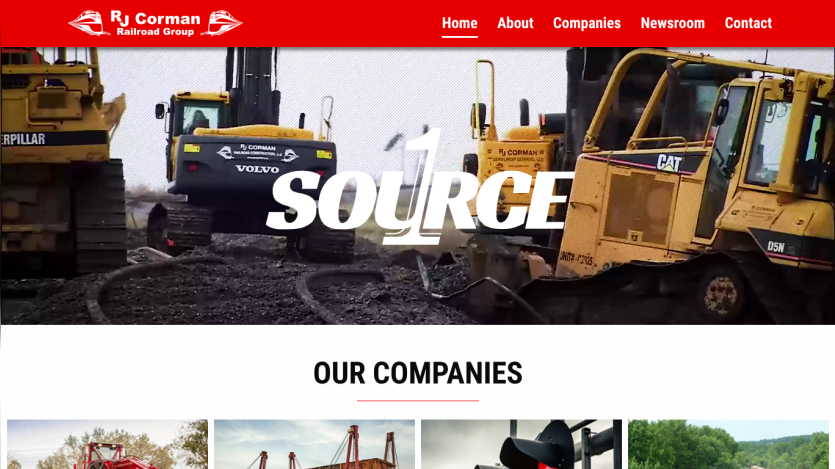 RJ Corman Railroad Group homepage with navigation and sections for Railroad Services Construction, Emergency, Signaling, and Storm Team
