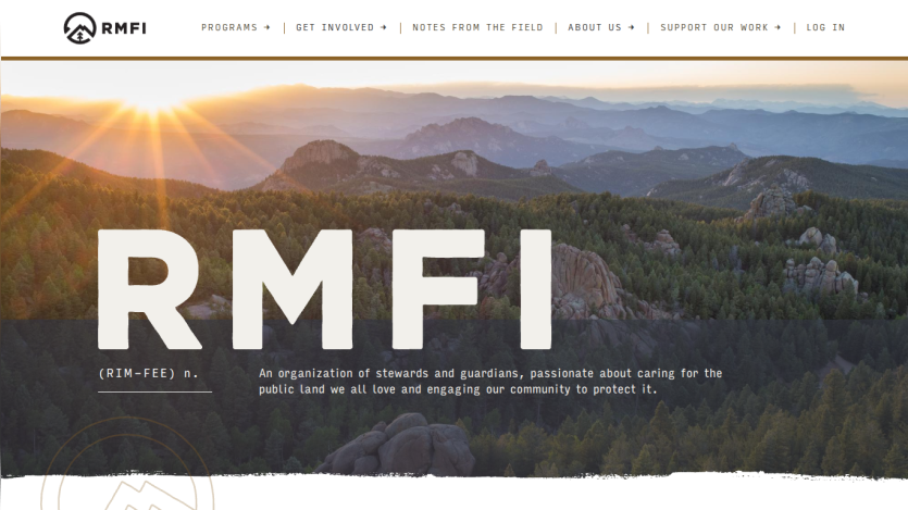 RMFI website showcasing a scenic landscape with mission statement and navigation links.