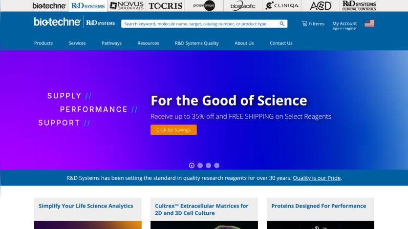 Biotechne homepage featuring a promotional banner for research reagents and key service offerings.