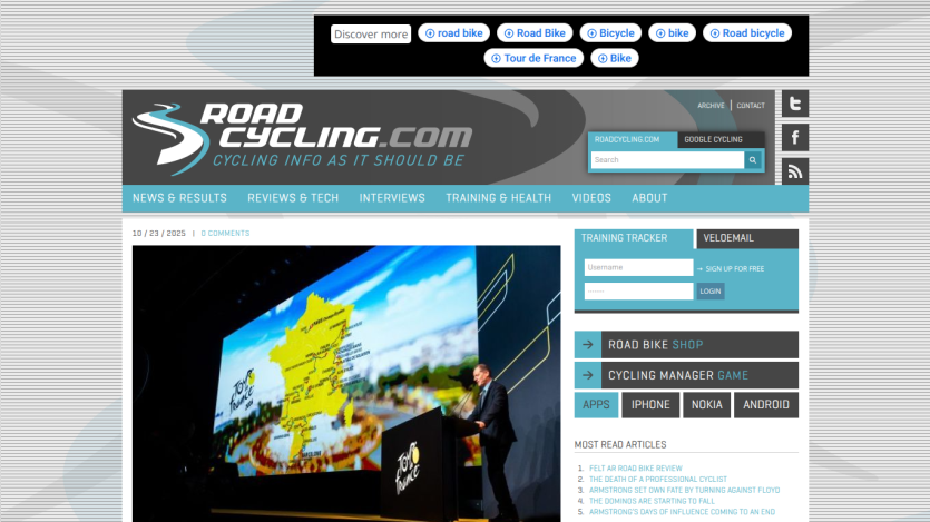 RoadCycling.com homepage with Tour de France presentation image and navigation menu for cycling news and reviews