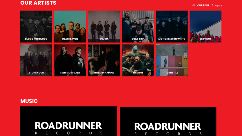 Grid of artists with a red background, featuring album covers and a music section.