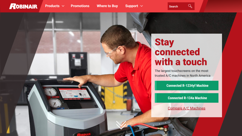 Robinair website with navigation and hero promoting touchscreen A/C machines with options for R-1234yf and R-134a machines
