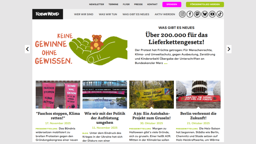 Environmental activism website with news on supply chain law protest and climate protection articles dated October and November 2025