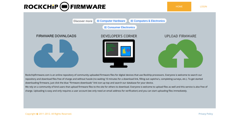 Rockchip Firmware site with download options for firmware and developer resources.