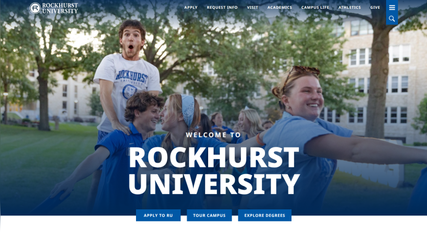 Homepage of Rockhurst University featuring students and welcome message.