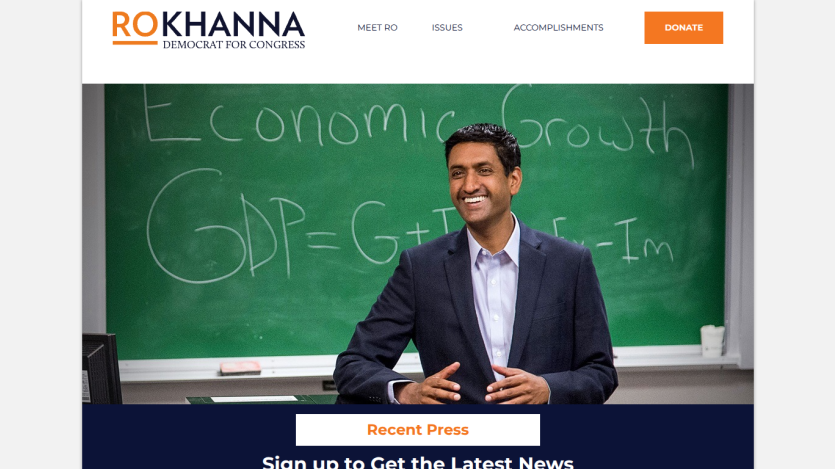 Campaign website for Ro Khanna featuring economic growth message and recent press section.