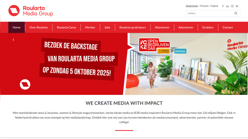 Homepage of Roularta Media Group featuring a promotional banner and tagline about creating media with impact.