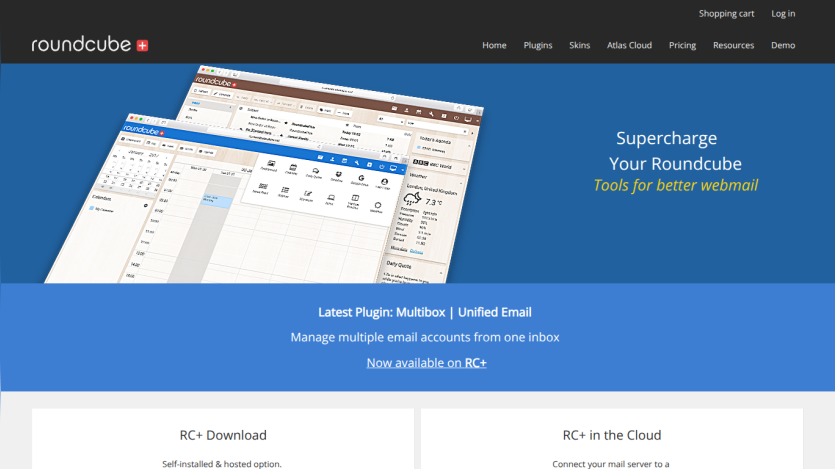 Roundcube homepage promoting tools for better webmail with plugin and cloud options