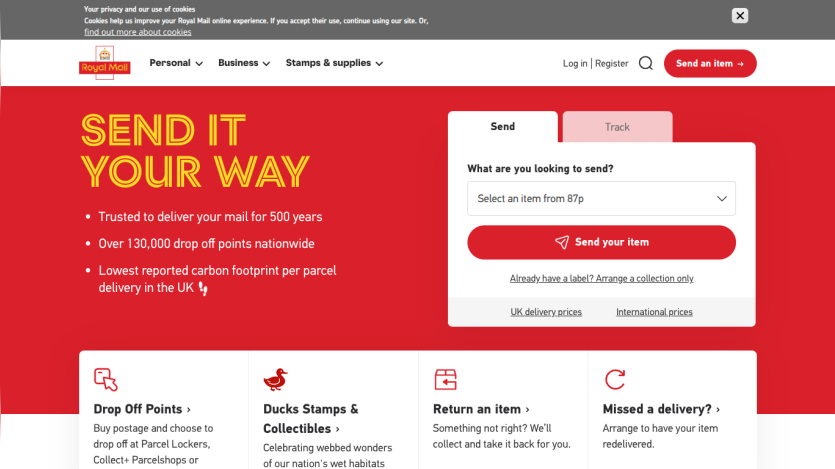 Homepage promoting mail delivery services with key features and a search box.