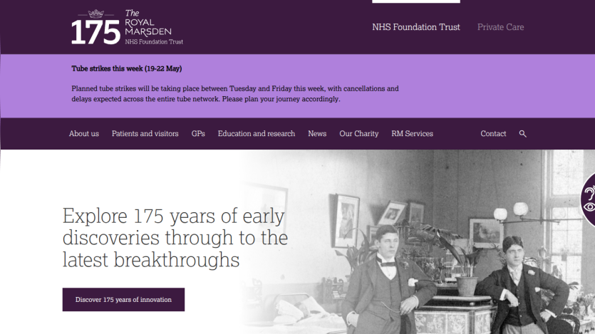 Website header with a purple background, showcasing a 175-year anniversary theme and a call to action.