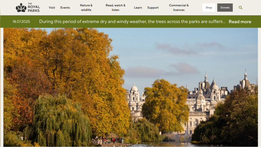 Website header with navigation and a scenic view of trees and buildings in autumn colors.