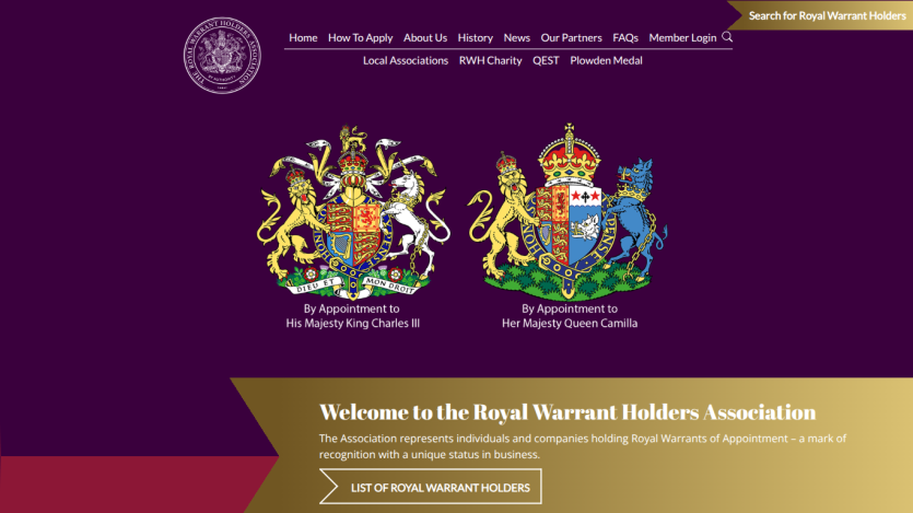 Royal Warrant Holders Association homepage with navigation, royal crests, and welcome message about representing warrant holders