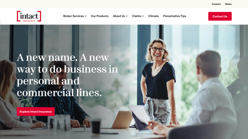 Homepage featuring a woman in an office, promoting business services with a tagline about personal and commercial lines.