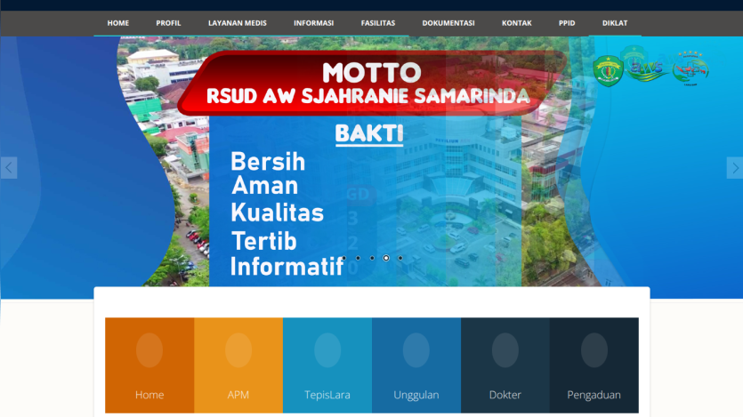 Hospital website with motto 'Bakti' and qualities listed: Bersih, Aman, Kualitas, Tertib, Informatif