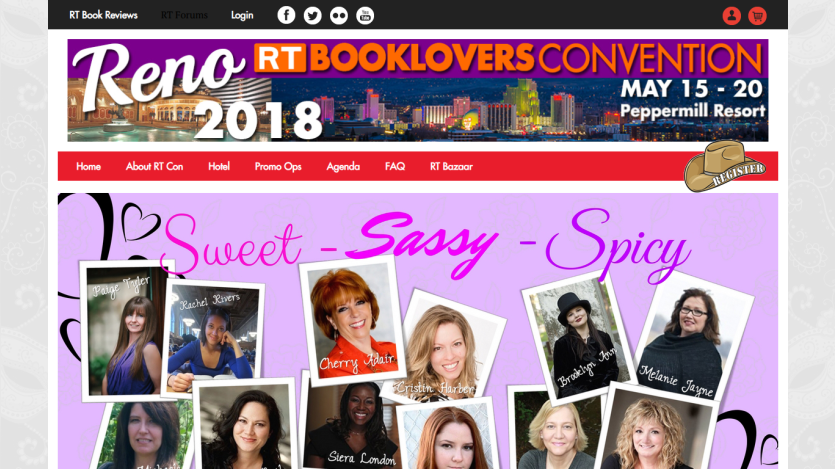 Reno RT Booklovers Convention banner with event dates and images of featured authors.