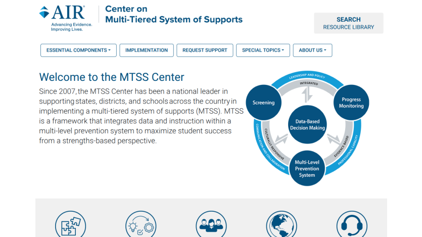 Homepage of the MTSS Center with a welcome message and key support components.