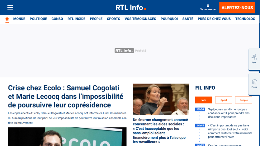 News site RTL info with headline on Ecolo crisis and co-presidents Samuel Cogolati and Marie Lecocq unable to continue leadership