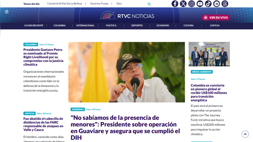 RTVC Noticias homepage with news on President Gustavo Petro's climate justice nomination and Colombia's energy transition funding