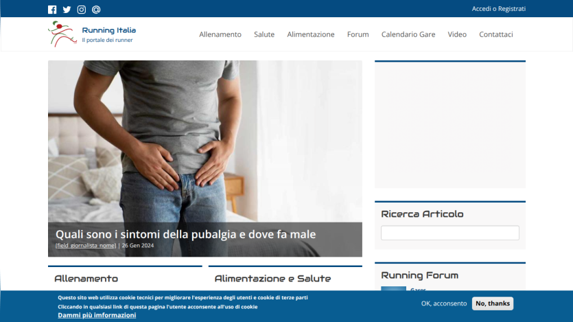 Homepage of Running Italia featuring health articles and a search bar.