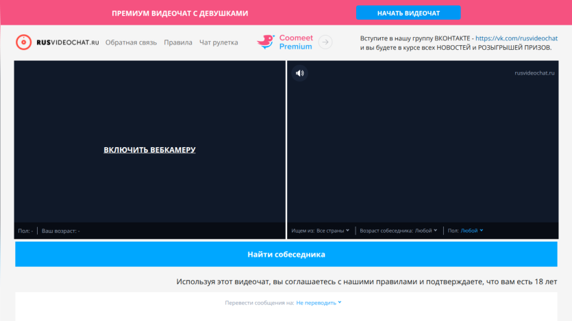 Premium Russian video chat site with webcam activation and options to find a chat partner by country, age, and gender