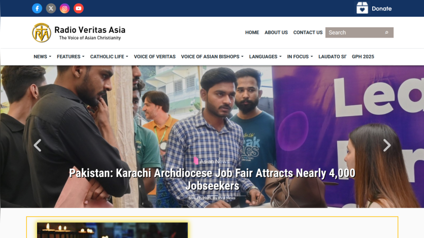 Radio Veritas Asia homepage featuring a special series titled 'DAD' with a family photo and navigation menus for news, features, and Catholic life.